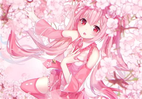 HD wallpaper: hatsune miku, pink hair, sakura blossom, twintails ...