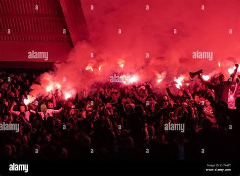 LEICESTER, ENGLAND - NOVEMBER 25: Legia Warszawa ultras fans set up ...