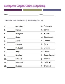 European Capitals quiz (Matching) by Orrin Curtis | TpT