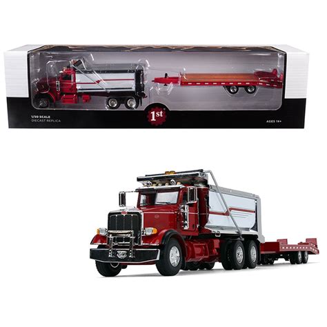 Peterbilt Model 367 Tandem Axle Dump Truck with Beavertail Trailer Red ...