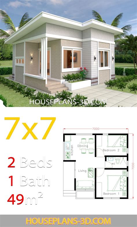 Small House Design Plans 7x7 With 2 Bedrooms - House Plans 3d | Small ...