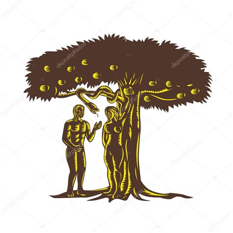 Adam and Eve Apple Serpent Woodcut — Stock Vector © patrimonio #173718858