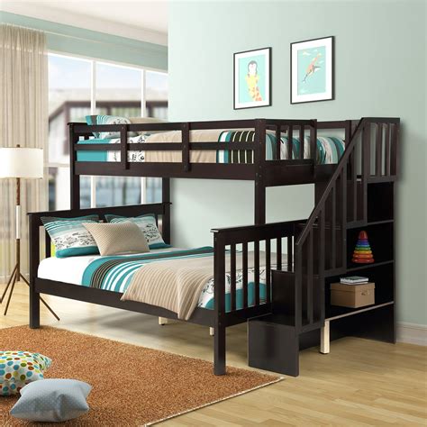 Kepooman Stairway Twin-Over-Full Wooden Bunk Bed with Stairs & Storage ...