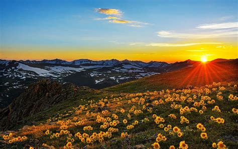 Sunset Sun Rays Landscape Stone Peaks Mountain Meadow With Yellow ...