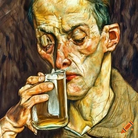 Pencil drawing of a man drinking beer in art style on Craiyon