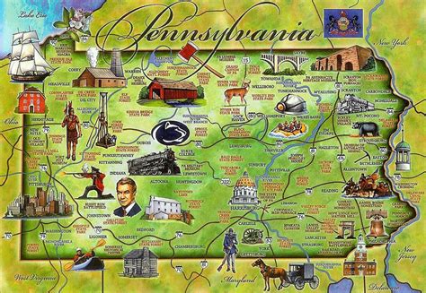 Detailed tourist illustrated map of Pennsylvania state | Pennsylvania ...