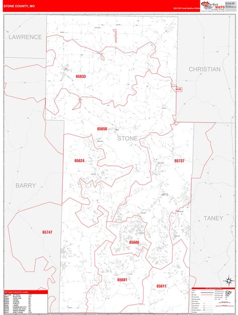 Stone County, MO Zip Code Wall Map Red Line Style by MarketMAPS - MapSales