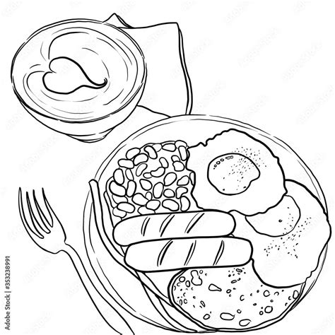 Simple hand drawn sketch of English breakfast on table. Fried eggs ...