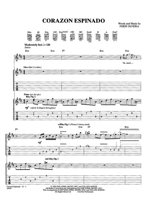 Buy "Corazon Espinado" Sheet Music by Santana for Guitar Tab/Vocal/Chords