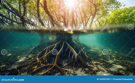 Mangrove Tree and Roots Under Water Surface Green Foliage. Mangrove ...