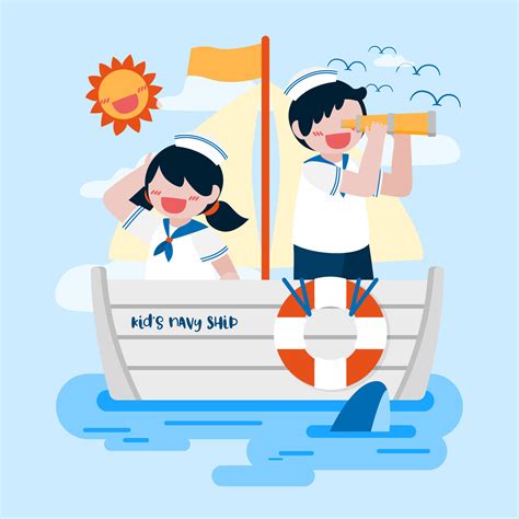 kids on navy ship in the sea cartoon character vector 2921386 Vector ...