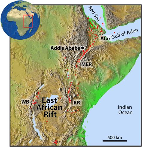 Coloured and shaded relief map of East African Rift system. Topography ...