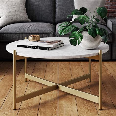 Round Faux Marble Coffee Table With Gold Legs and X Base | Interior ...