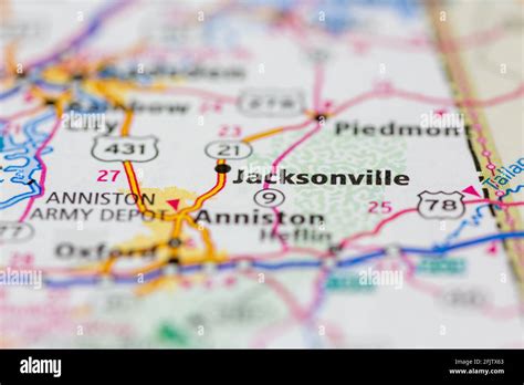 Jacksonville Alabama USA shown on a road map or geography map Stock ...