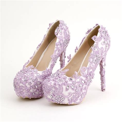 Light Purple Bride Shoes High Heels Rhinestone Pearl Wedding Shoes ...