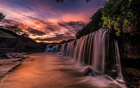 Download wallpapers Black waterfall, evening, sunset, Japan, beautiful ...