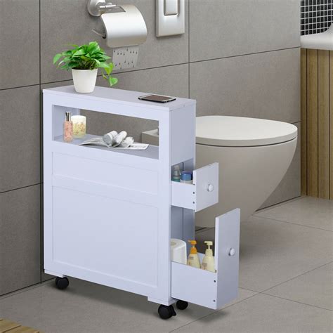 HOMCOM Wooden Rolling Narrow Bathroom Storage Side Cabinet w/ Slide-Out ...