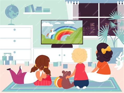 Premium Vector | Kids watching tv Child television children in room ...