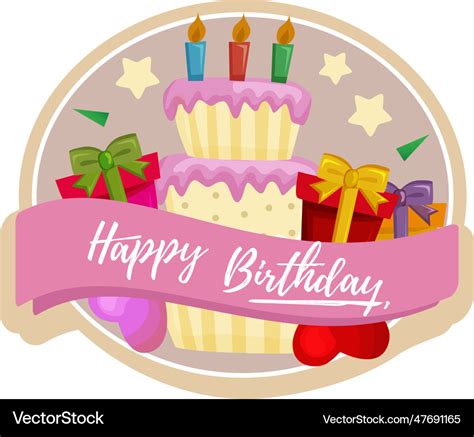 Birthday cake label with cake tart and gift Vector Image