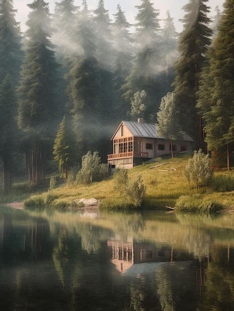 Premium AI Image | A painting of a cabin by the lake