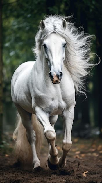 Premium Photo | A beautiful white horse running on the ground