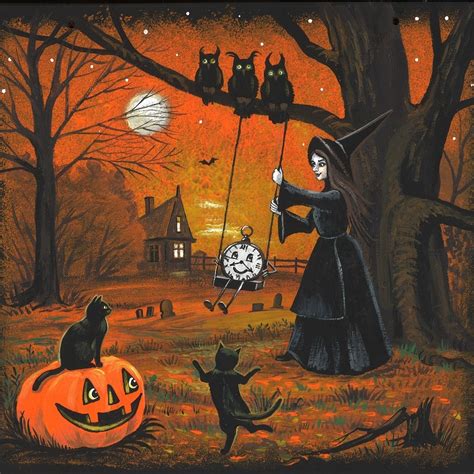 16x16 Haunted Time RYTA Landscape Halloween Witch Black Cat Owl House ...