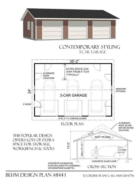 3 Car Basic Garage Plan 844-1 - 35'-2" x 24' | Garage design, Garage ...