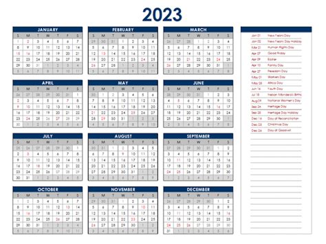 2023 South Africa Annual Calendar with Holidays - Free Printable Templates