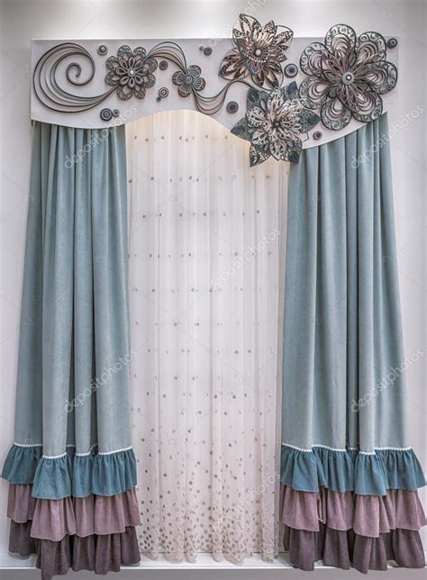 Soft velor curtains with colored frills, a light tulle and a stiff ...