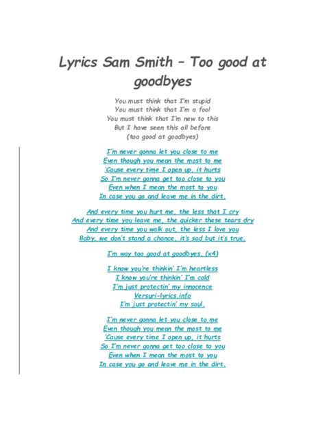 (DOC) Lyrics Sam Smith – Too good at goodbyes | Janica Ann - Academia.edu