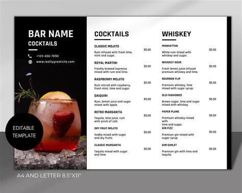 Cocktail Menu Template, Editable Drink Menu Template, Restaurant ...