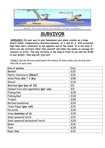 Desert Island Survival - Can you survive with £100? | Teaching Resources