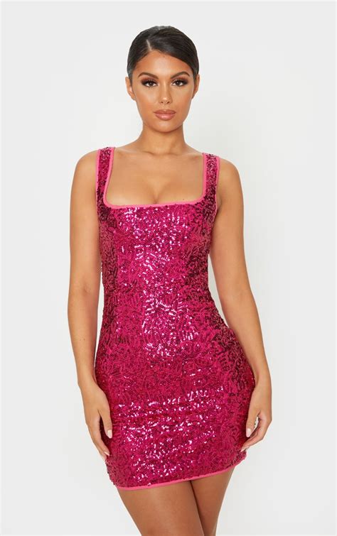 Hot Pink Sequin Sleeveless Square Neck Dress | PrettyLittleThing