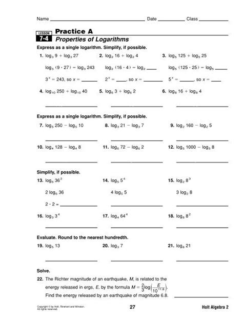 properties of logarithms practice.pdf - kuhnmath