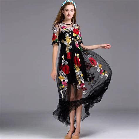 Sheer Mesh Embroidery Dresses Slim Back Floral Embroidered Dress Party ...