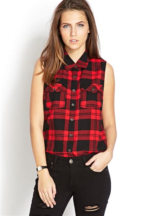 Lyst - Forever 21 Sleeveless Plaid Shirt in Red