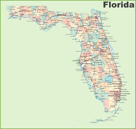 Florida road map with cities and towns