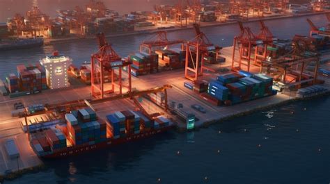 Premium AI Image | A container ship is docked at a port at night.