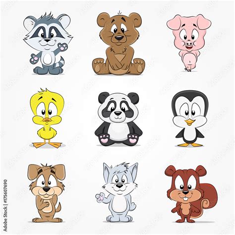 Set of cute cartoon characters animals Stock Vector | Adobe Stock