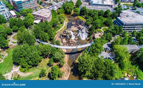 Falls Park and Liberty Bridge Aerial in Downtown Greenville South ...