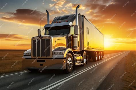 Premium Photo | A semi truck with a sunset in the background