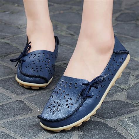 Women Genuine Leather Casual Shoes Woman Loafers Slip On Female Flats ...