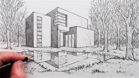 How to Draw a House in 2-Point Perspective with Reflection in Landscape ...