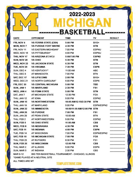 Printable 2022-2023 Michigan Wolverines Basketball Schedule