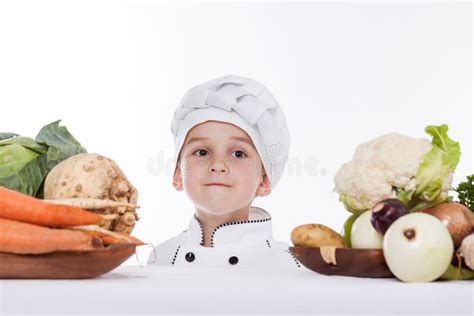 One Little Boy As Chef Cook Making Salad. Stock Image - Image of ...