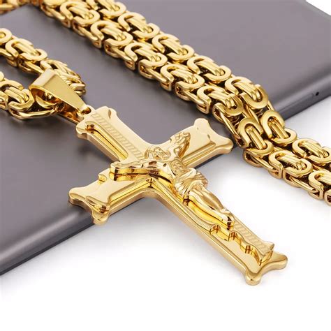 Gold Color Stainless Steel Jesus Cross Pendant Necklace 6mm Link ...