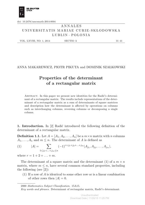 (PDF) Properties of the determinant of a rectangular matrix