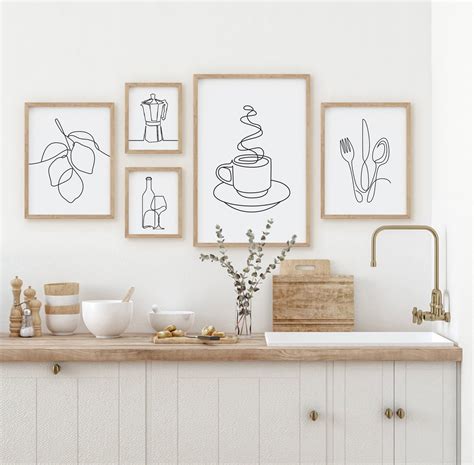 Kitchen Wall Art Set of 5 Line Drawing Kitchen Prints - Etsy