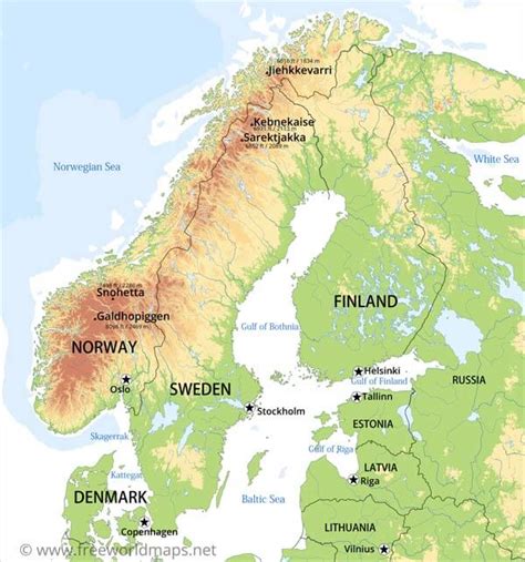 Physical Map of Scandinavia - Norway, Sweden, Finnland, Denmark, Iceland