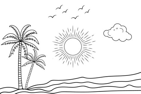 Summer sunset tropical beach line art vector illustration, hand drawn ...